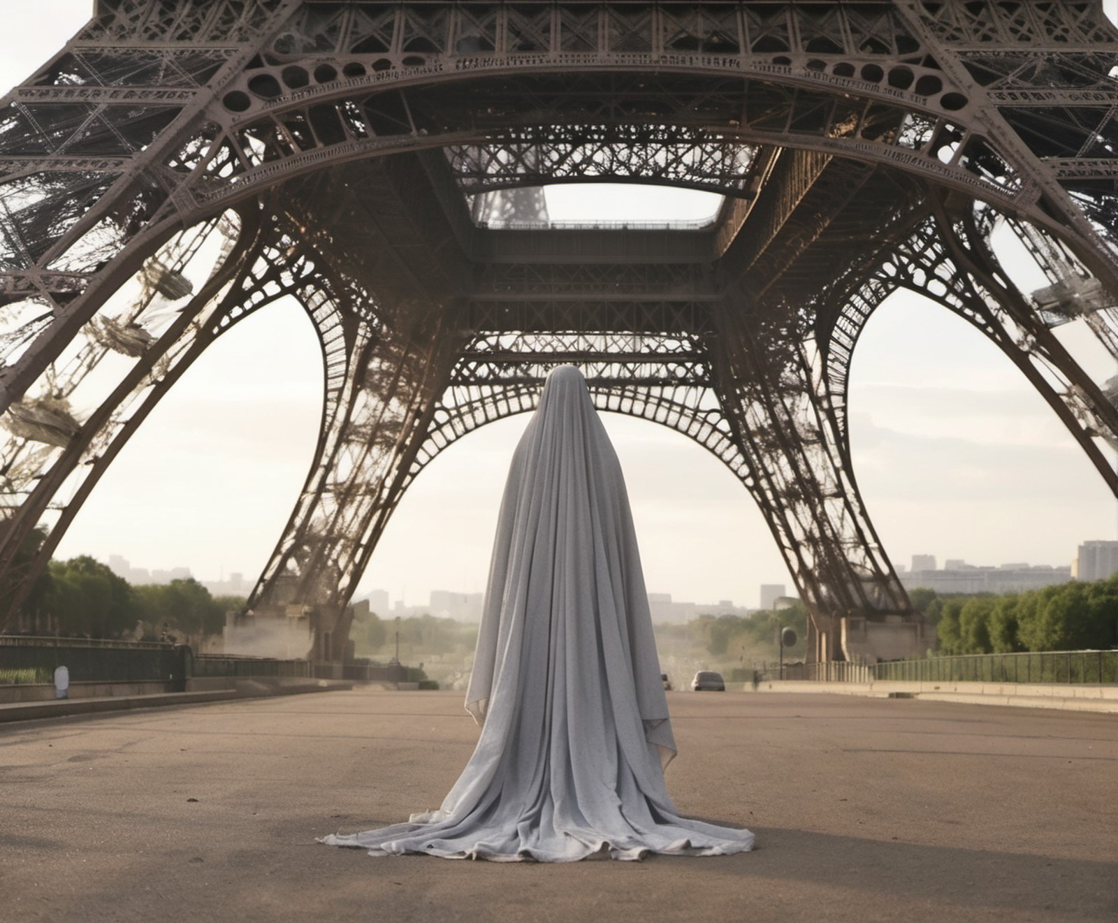 sheetghost person hanging over the top of the Eiffel Tower. <lora:2023-08-27 - SDXL Merge - Sheetghost merge then back to ...